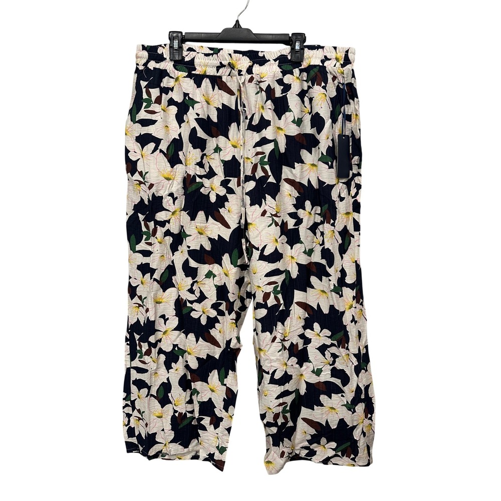 Rachel Rachel Roy Floral Wide Leg Pants Navy Blue White Lily Print 2X NEW